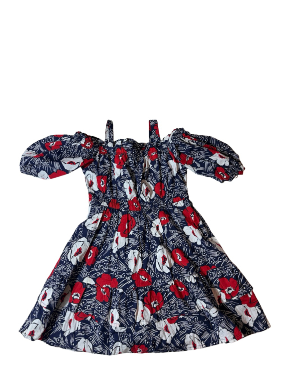 Janie and Jack Girls Navy Red Floral Cold Shoulder Dress Size 6 Cotton
